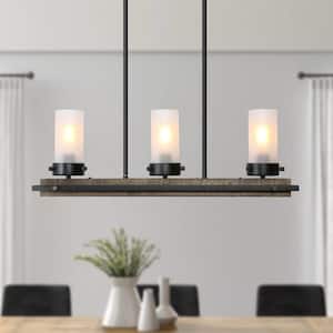 Farmhouse 3-Light Black Island Wood Chandelier with Cylinder White Frosted Glass Shades Rustic Hanging Lamp for Kitchen