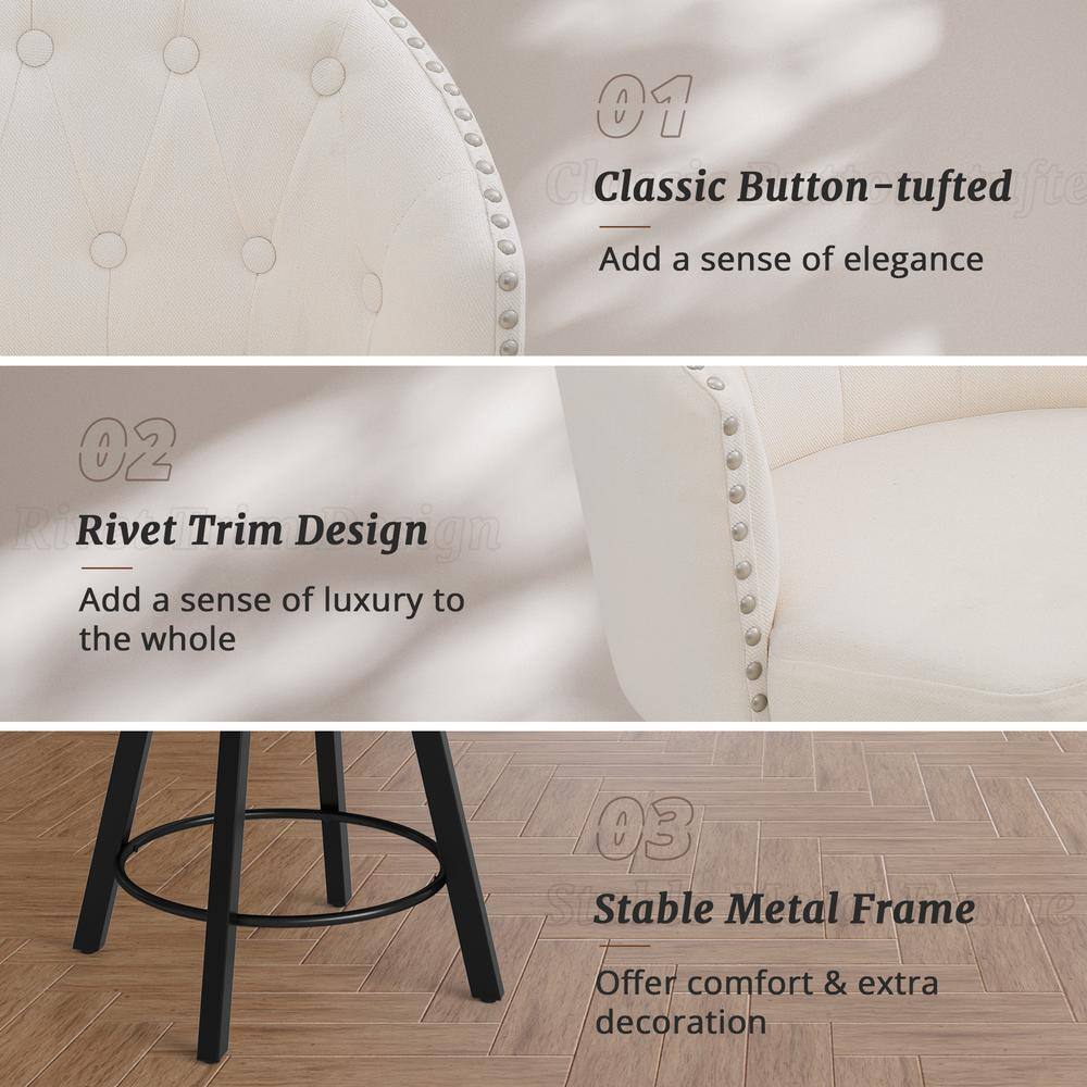 Beige Linen Upholstered Swivel Counter Stools with Metal Frame, Set of 2