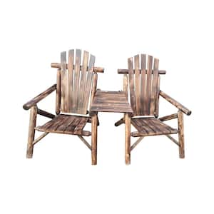 Wood Outdoor Bench Patio with Center Coffee Table, Carbonized Double Chair