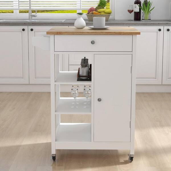White Kitchen Island Rolling Trolley Cart with Towel Rack and Rubber