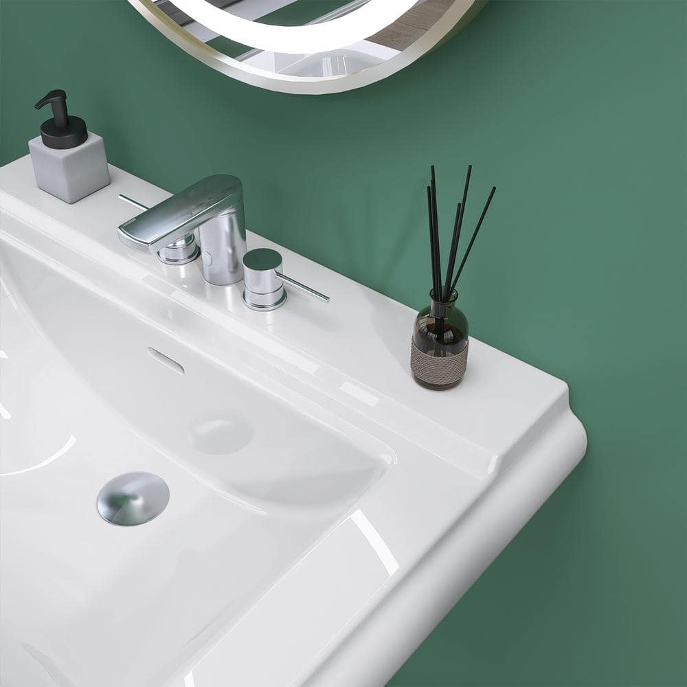 White Rectangular Ceramic Pedestal Sink with Overflow