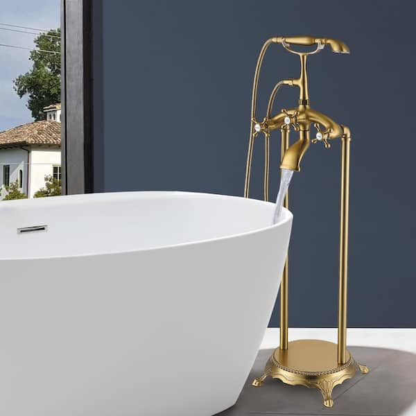 3-Handle Claw Foot Tub Faucet Freestanding Floor Mount Faucet with Hand Shower in Brushed Brass