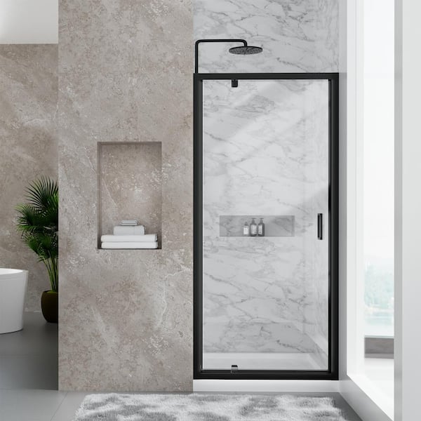 NANAWO 34 in. Wx 72 in. H Pivot Framed Shower Door in Matte Black with 1/4 in. Clear Glass Shower Panel