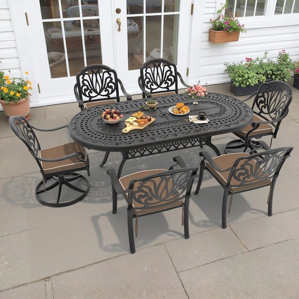Willit Elizabeth 7-Piece Cast Aluminum Outdoor Dining Set with Oval Table and Swivel Dining Chairs with Cushion