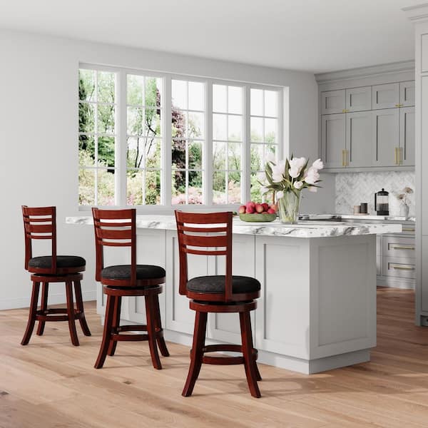 Cedara 24 in. H Cherry Wood Frame Slatted Back Counter Height Swivel Bar Stool with Charcoal Fabric Seat (1-Pack)