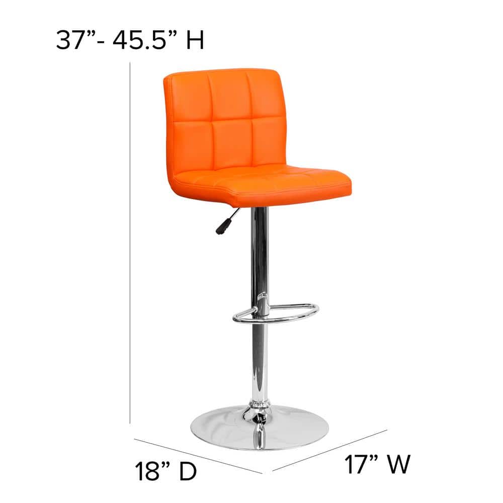 Orange Quilted Vinyl Adjustable Height Swivel Barstool with Chrome Base