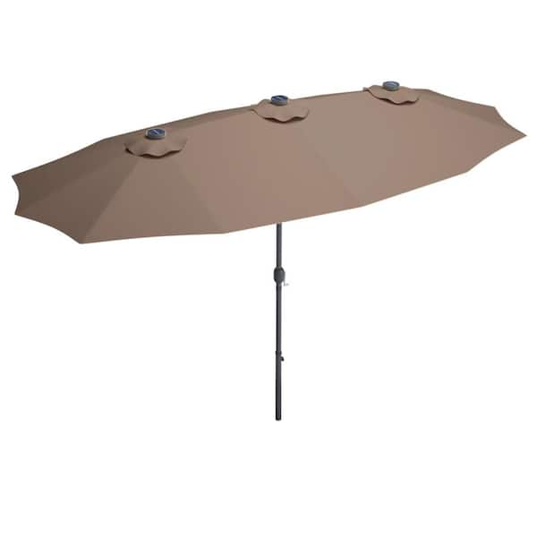 WELLFOR 15 ft. Steel Market Solar Patio Umbrella in Tan with LED Lights