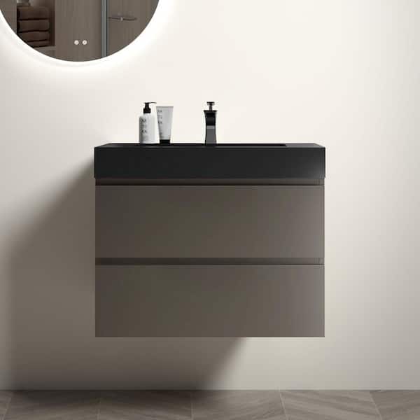 Ziyudura 30 in. Single Sink Floating Gray Bath Vanity with Black Engineered Stone Top (Assembled), DTC Soft-closing Drawers
