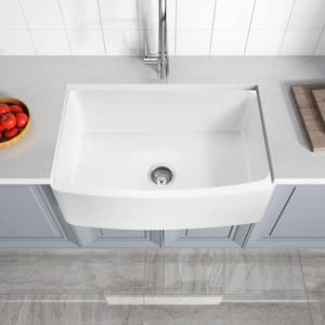 Prisma Series Matte White Solid Surface 36 in. Single Bowl Farmhouse Apron Kitchen Sink with Strainer
