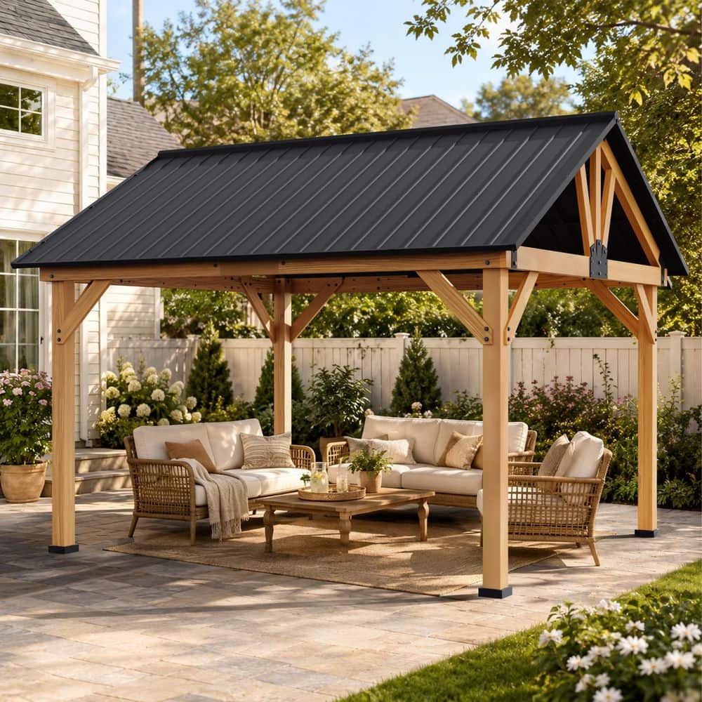 Gardenbee 13 ft. x 11 ft. Cedar Wood Hardtop Outdoor Gazebo with