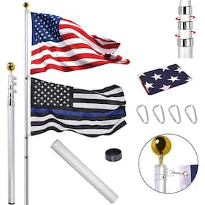 25 ft. Telescopic Aluminum Flag Pole Fly 2 Flags 3 ft. x 5 ft. US Flag Ball Top Kit Telescoping Flagpole