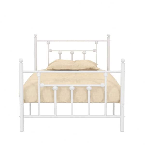 VECELO 39 in. W White Metal Platform Bed Frame Twin Mattress Foundation Victorian Style Iron-Art Headboard/Footboard Storage