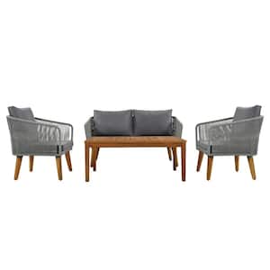 4-Piece Acacia Wood Natural Rope Outdoor Patio Conversation Sectional Loveseat Sofa Set with Gray Cushions for Backyard