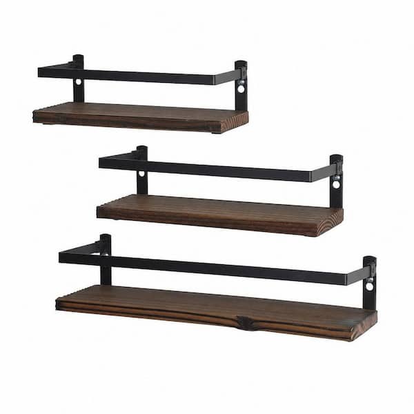 3.85 in. H x 14/11/17 in. W 5-Bottle Brown Rustic Wood and Metal Bar Shelves Set of 3 for Bedroom, Bathroom Kitchen