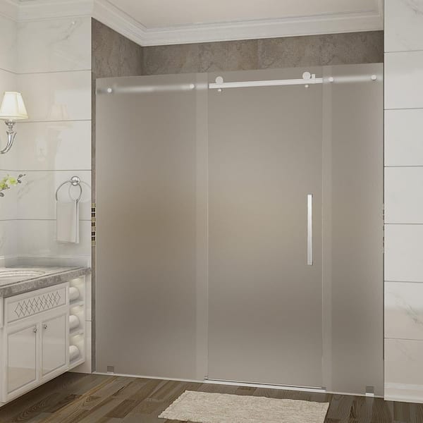 Aston Moselle 72 in. x 35 in. x 77.5 in. Frameless Sliding Shower Door, Frosted Glass in Chrome with Right Base
