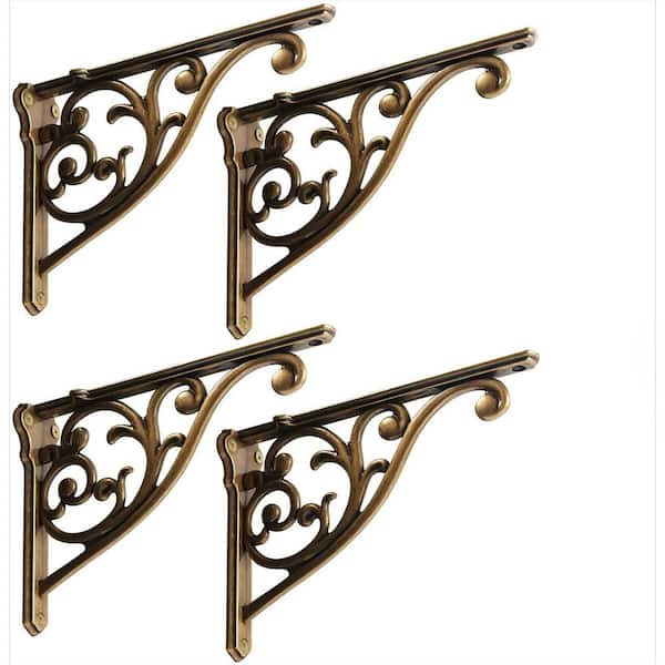 4-Pack 8 in. Heavy Duty Antique Brass Wall Bracket, Victorian Kitchen Decorative Rack Shelves