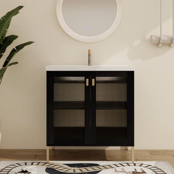 ARTCHIRLY 31.9 in. W x 18.7 in. D x 34.8 in. H Freestanding Bath Vanity in Black Chestnut with White Ceramic Vanity Top