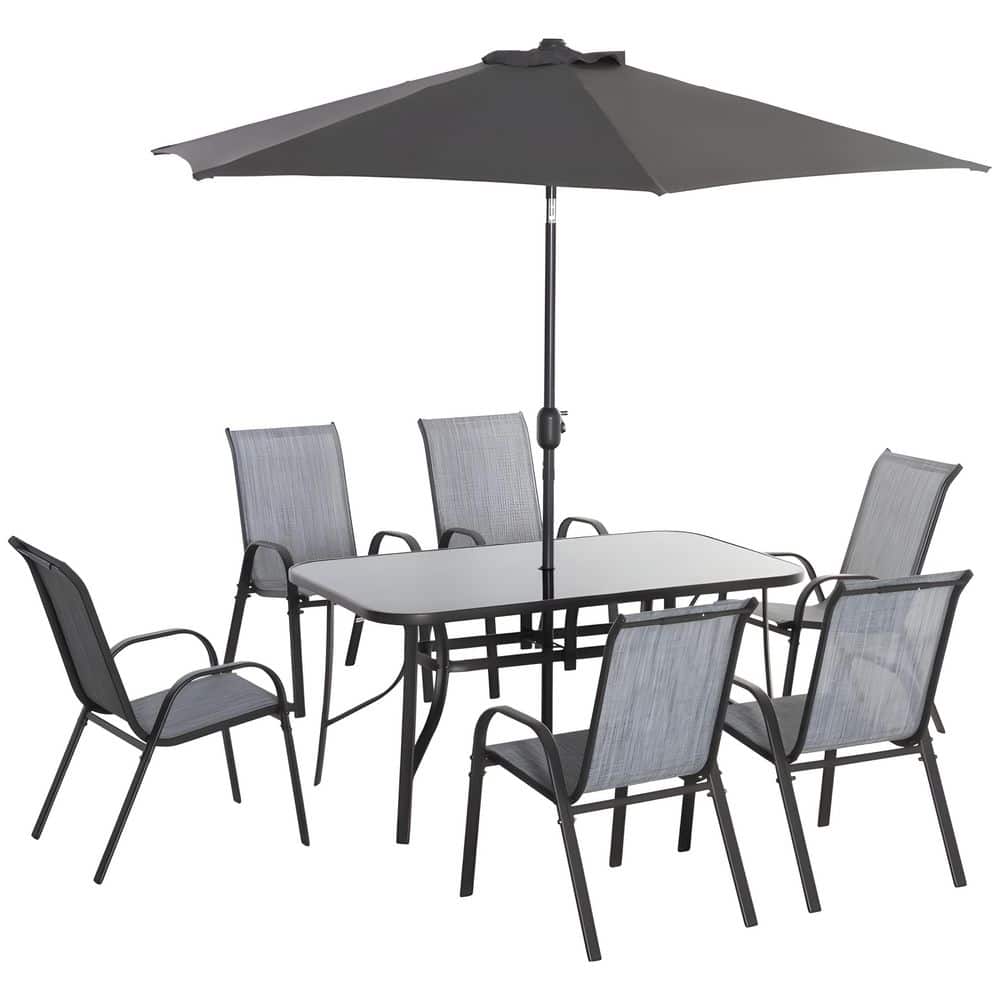 8-Piece All Weather Metal Outdoor Dining Set with Adjustable Tilt Umbrella, Tempered Glass Tabletop, 6 Quick Dry Chairs price history on PriceWatchPro