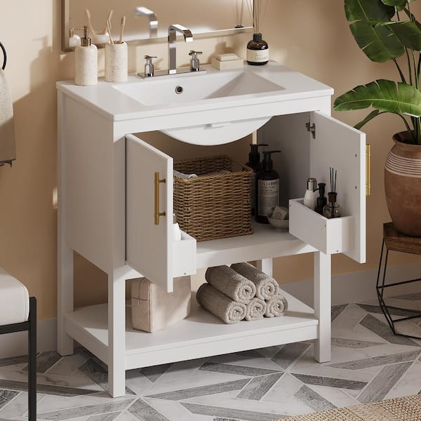 Tenleaf 30 in. W Single Sink Freestanding Bath Vanity in White with White Ceramic Top and Versatile Storage for Small Bathrooms