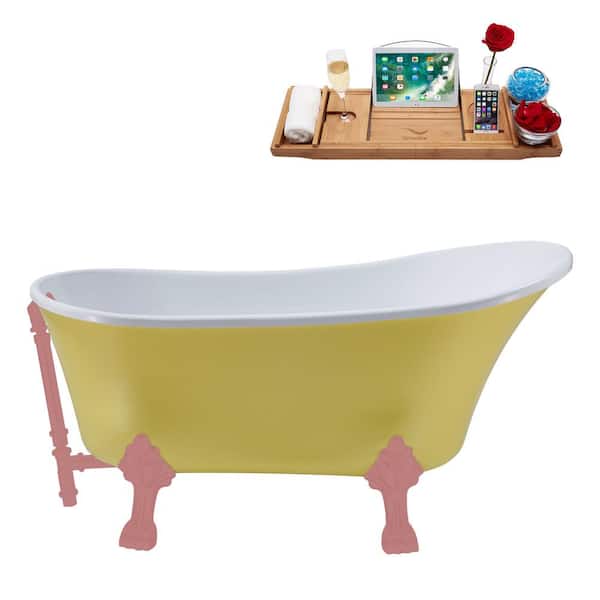 Streamline 55 in. x 26.8 in. Acrylic Clawfoot Soaking Bathtub in Matte Yellow with Matte Pink Clawfeet and Matte Pink Drain