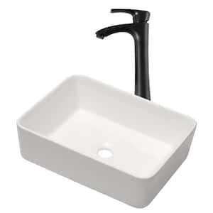 19 in . W x15 in. D White Porcelain Ceramic Rectangular Bathroom Vessel Sink Above Countertop Art Basin with Tall Faucet