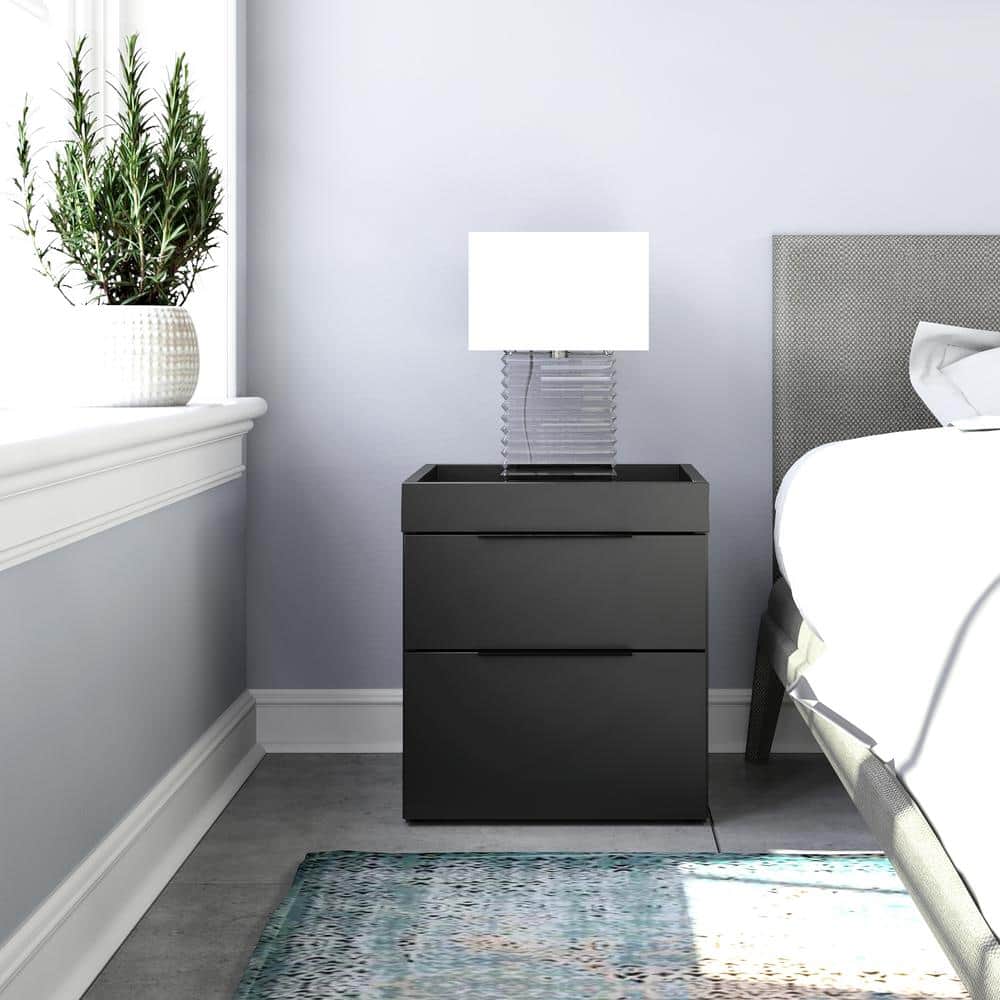 Capri Modern 2-Drawer Nightstand with Tray Top, Black