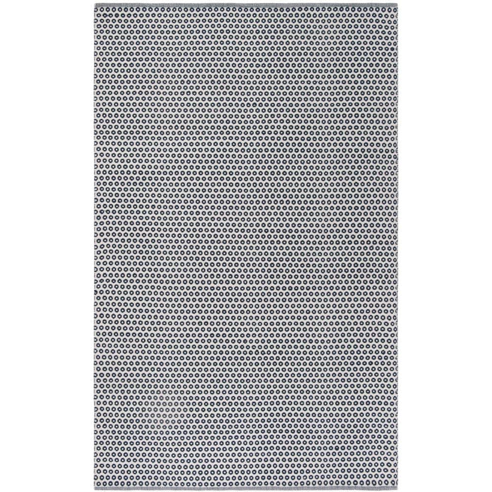 Hand-Woven Navy and Ivory Wool-Cotton Blend 59" Rug