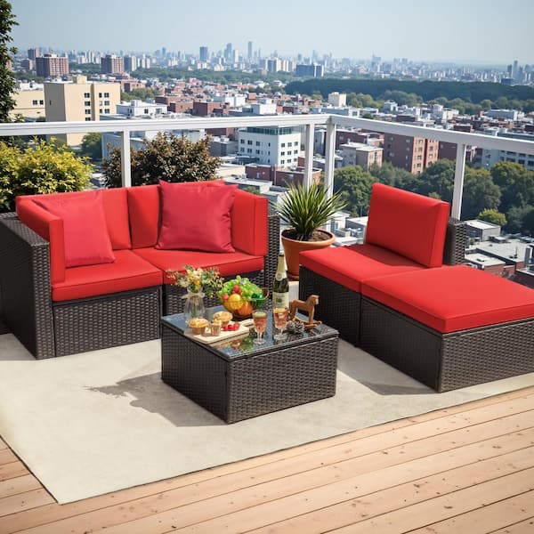 5-Pieces Wicker Patio Conversation Set Outdoor Rattan Sofa with Glass Coffee Table and Red Cushions