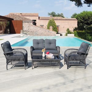 4-Piece Wicker Patio Conversation Deep Seating Set with Coffee Table and Dark Gray Cushions