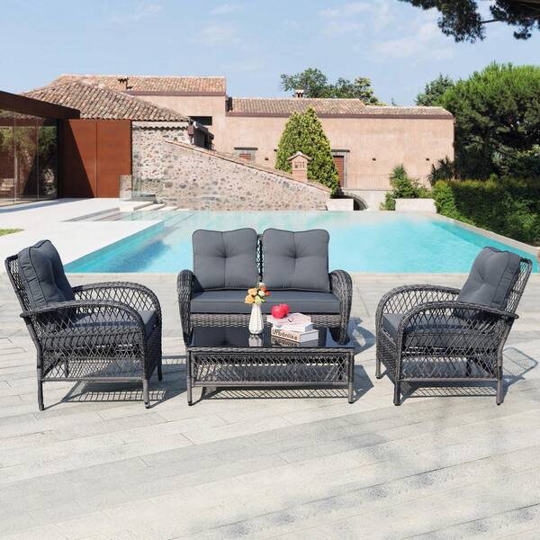 UPHA 4-Piece Wicker Patio Conversation Deep Seating Set with Coffee Table and Dark Gray Cushions