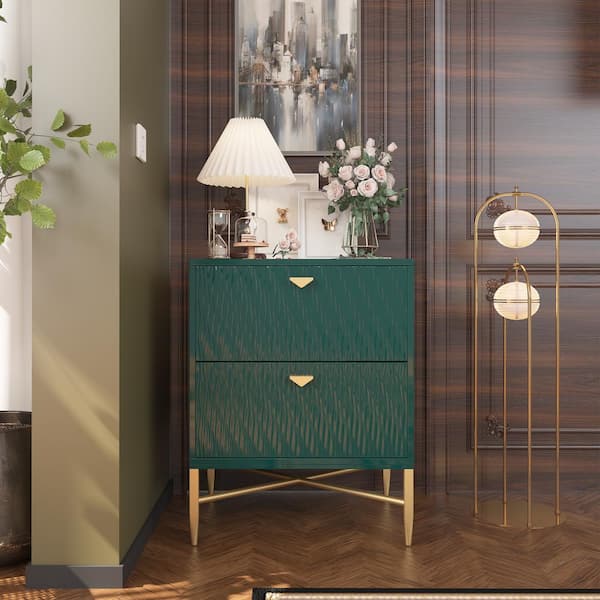 Boyel Living Green 2-Drawer Water Ripple Finish Designs Wood Nightstand with Square Support Legs