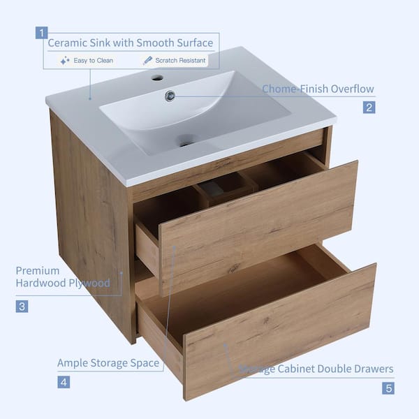 Modern 24 in. W X 18 in. D x 20 in. H Bath Vanity in Imitative Oak with White Ceramic Vanity Top