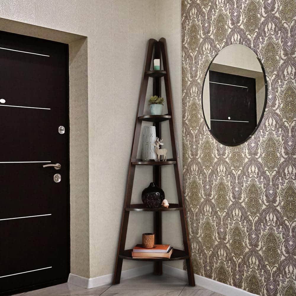 Espresso Solid Wood 5-Tier Corner Ladder Bookcase