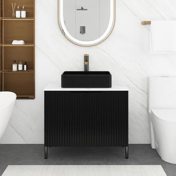Boosicavelly 30 in. W Single Sink Freestanding Bath Vanity in Black with Carrara White Sintered Stone Top