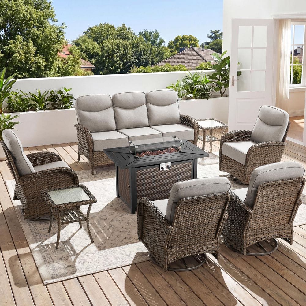 Goyal Brown 8-Piece Wicker Fire Pit Conversation Set Outdoor Deep Seating Swivel Glider Chairs with 6 in. Beige Cushions price history on PriceWatchPro