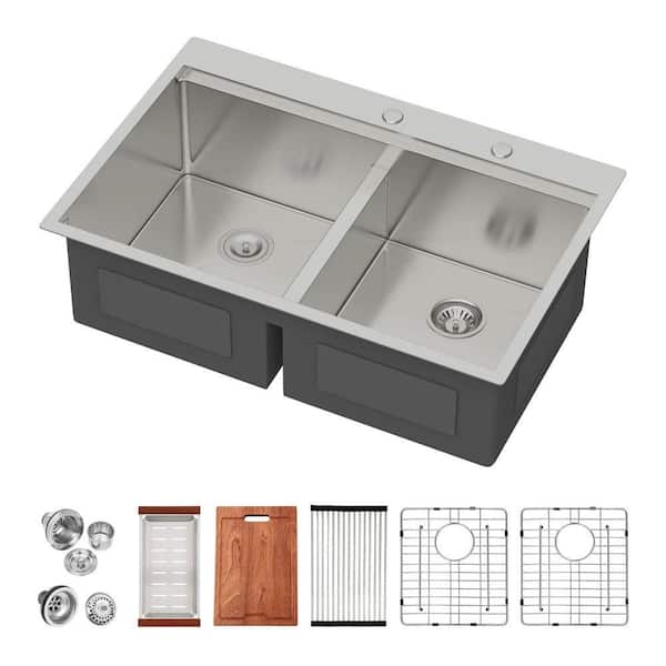 33 in. W Drop-In Double Bowl 50/50 16 Gauge Stainless Steel Low Divide Workstation Kitchen Sink with Bottom Grids