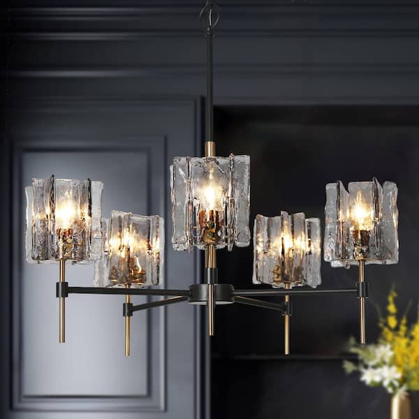 Echonalyri Glam 5-Light Matte Black and Plating Brass Chandelier with Geometric Textured Glass Shades