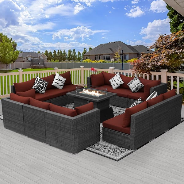FINCATI Large Gray 13-Piece 12-Seats Wicker Patio Fire Pit Sofa Set with Light Red Cushions and 43 in. Fire Pit Table