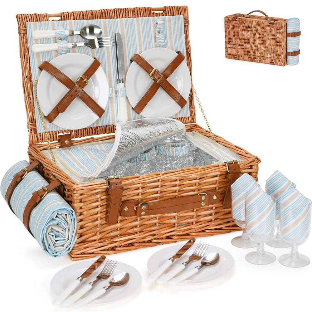 Wudkey Wicker Picnic Basket Set for 4, Large Willow Hamper with