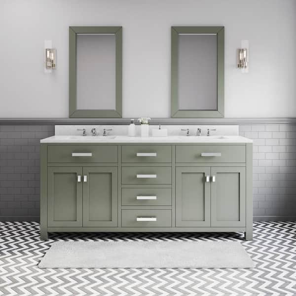 Water Creation Madison 72 in.W x 21.5 in.D x 34 in.H Double Sink Bath Vanity in Glacial Green with Carrara White Marble Top and Faucets
