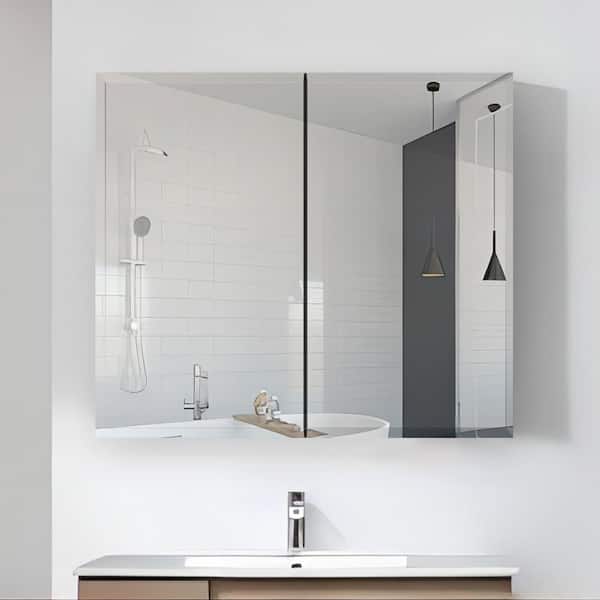 UPIKER 30 in. W x 26 in. H Large Rectangular Silver Aluminum Recessed or Surface Mount Medicine Cabinet with Mirror
