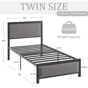 Metal Twin Gray Bed Frame with Linen Upholstered Headboard, Platform Bed with 12.6 in. Under Bed Storage and Nailhead