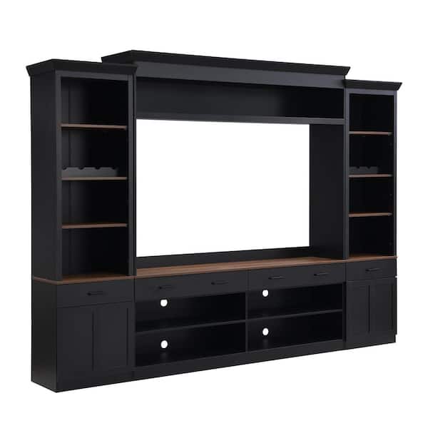 Black Walnut TV Stand Fits TVs up to 70 in. with Bookshelf, 4 Drawers, 2 cabinets, Shelves and Wine Rack