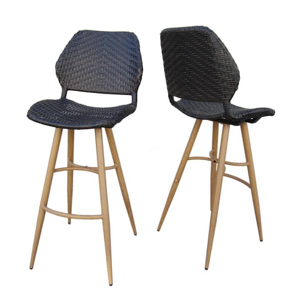 Bianca Faux Rattan Outdoor Patio Bar Stool with Brown Wood Finish Metal Legs (2-Pack)