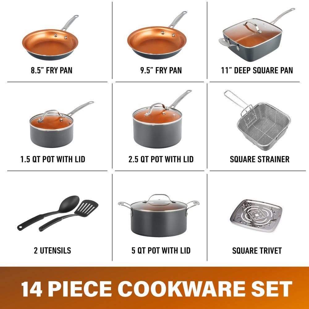 14-Piece Gray Aluminum Ti-Ceramic Nonstick Cookware Set