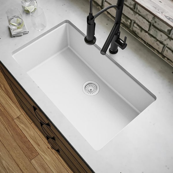 QU- 812 Quartz 32.5 in. Large Single Bowl Undermount Kitchen Sink in White