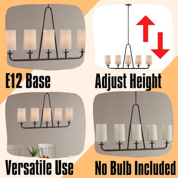 Modern 5-Light Oil Rubbed Bronze with Tapered Fabric Shades Farmhouse Linear Rectangular Chandelier for Kitchen