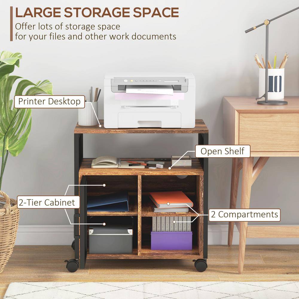 Rustic Brown Mobile Printer Stand with Storage Cabinet and USB Ports