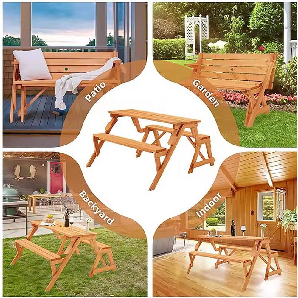 Convertible Hemlock Hardwood Picnic Table and Bench, Light Brown