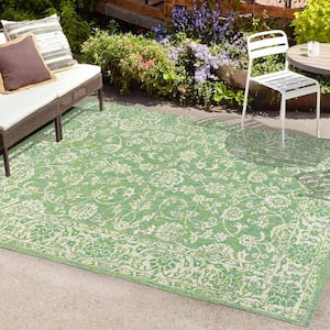 Tela Bohemian Textured Weave Floral Cream/Green 3 ft. x 5 ft. Indoor/Outdoor Area Rug